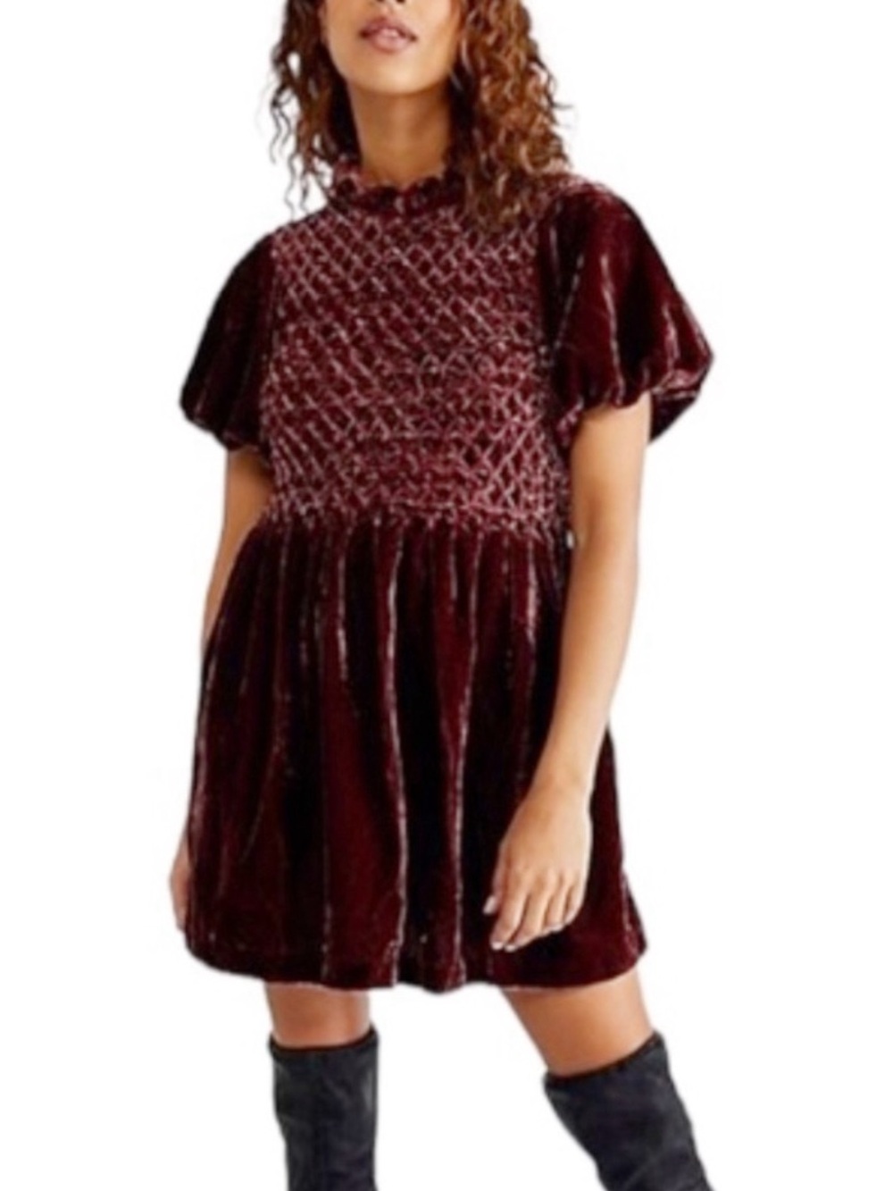 FREE PEOPLE GUMDROP MINI DRESS DARK BROWN VELVET SMALL TO MEDIUM